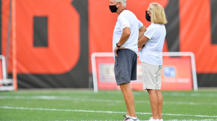Team owners Jimmy Haslam and Dee Haslam watch training camp on August 16, 2020 at the Cleveland Browns training facility in Berea, Ohio.