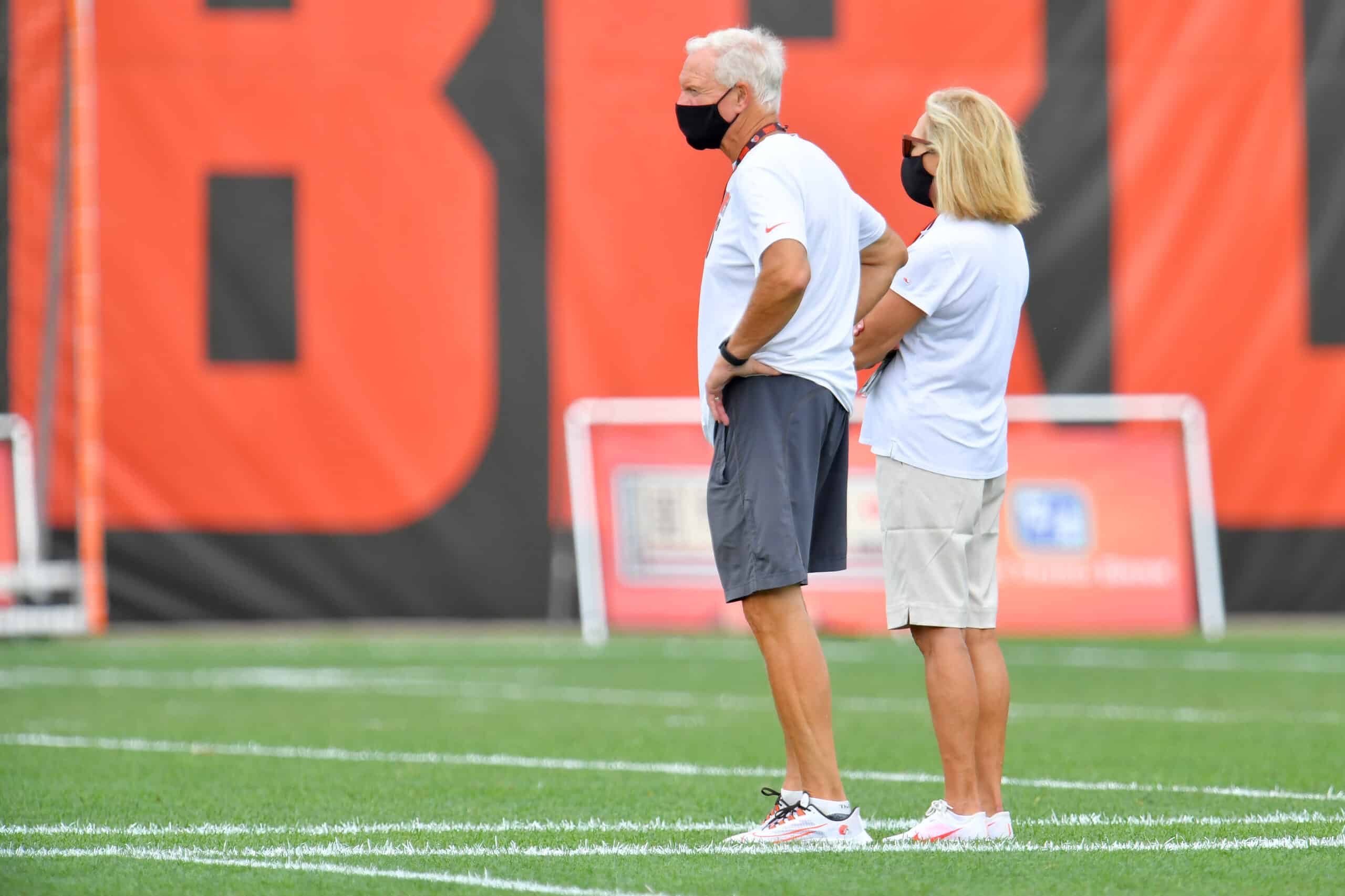 Team owners Jimmy Haslam and Dee Haslam watch training camp on August 16, 2020 at the Cleveland Browns training facility in Berea, Ohio.