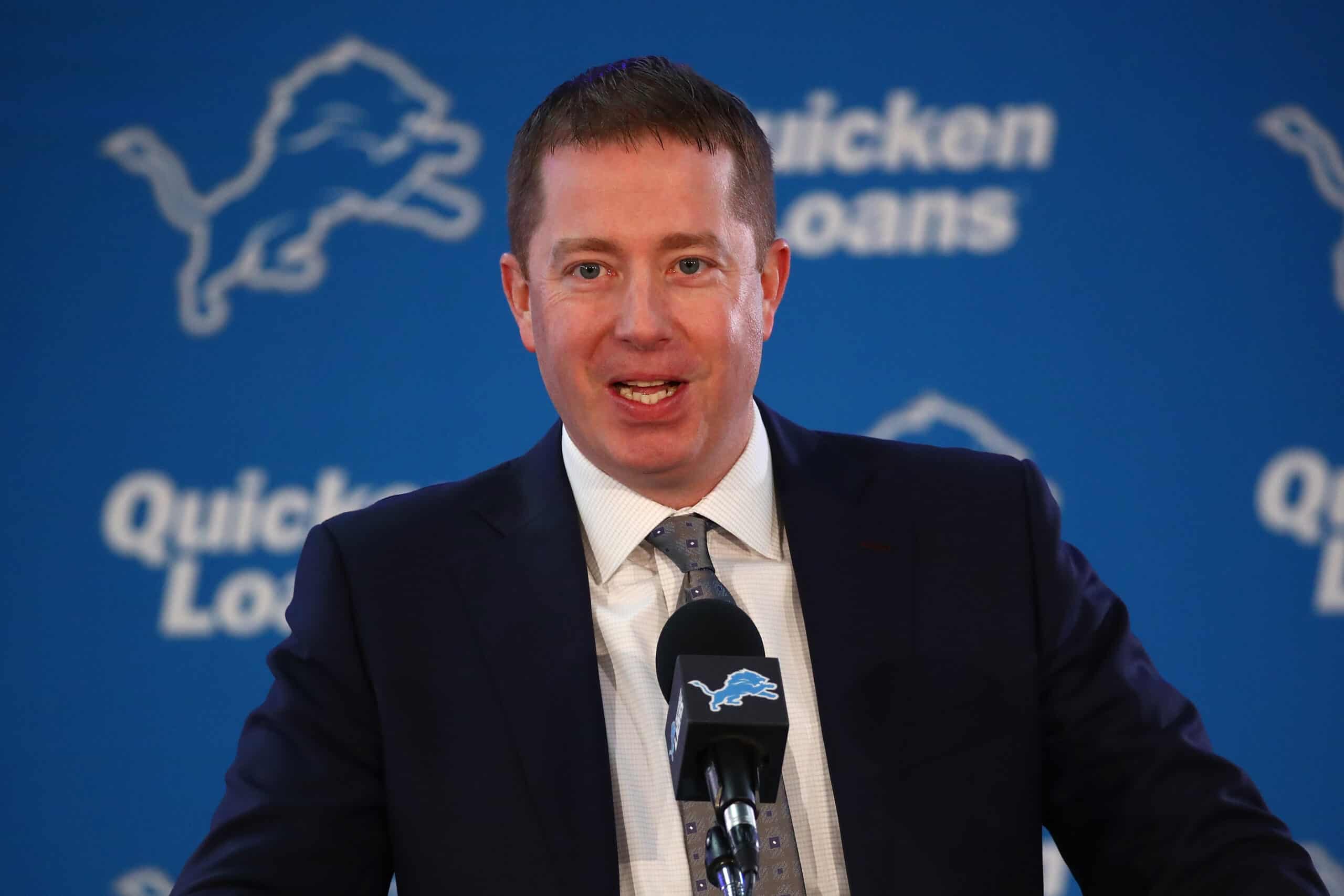 General Manager Bob Quinn of the Detroit Lions speaks at a press conference after introducing Matt Patricia as the Lions new head coach at the Detroit Lions Practice Facility on February 7, 2018 in Allen Park, Michigan.