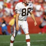Brian Brennan #86 of the Cleveland Browns readies for the snap during an NFL game against the San Francisco 49ers on October 28, 1988 . The 49ers defeated the Browns 20-17.
