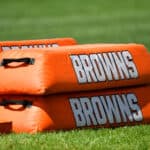 Practice pads sit on the field Cleveland Browns during training camp on August 18, 2020 at the Browns training facility in Berea, Ohio.