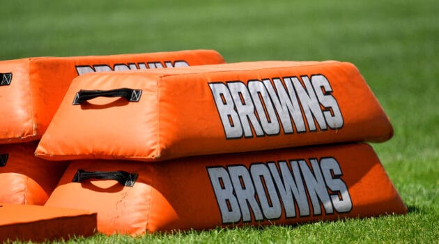 Practice pads sit on the field Cleveland Browns during training camp on August 18, 2020 at the Browns training facility in Berea, Ohio.