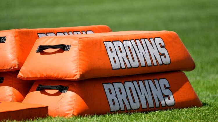 Practice pads sit on the field Cleveland Browns during training camp on August 18, 2020 at the Browns training facility in Berea, Ohio.