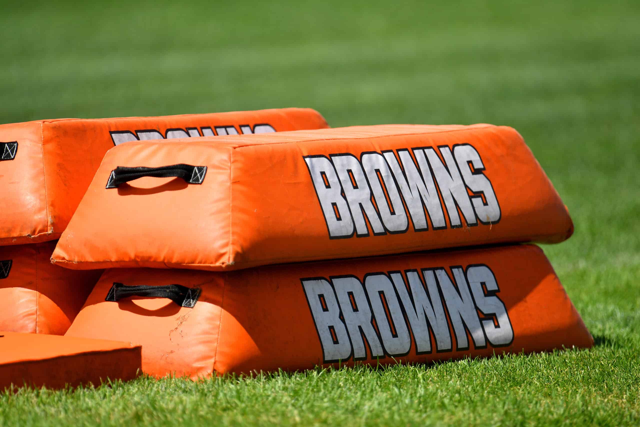 Practice pads sit on the field Cleveland Browns during training camp on August 18, 2020 at the Browns training facility in Berea, Ohio.