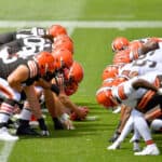 The Cleveland Browns offensive line faces off agains the defensive line during training camp at FirstEnergy Stadium on August 30, 2020 in Cleveland, Ohio.
