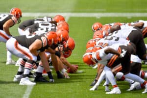 The Cleveland Browns offensive line faces off agains the defensive line during training camp at FirstEnergy Stadium on August 30, 2020 in Cleveland, Ohio.