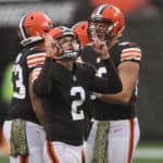 Cody Parkey #2 of the Cleveland Browns reacts after a field goal during the second half against the Philadelphia Eagles at FirstEnergy Stadium on November 22, 2020 in Cleveland, Ohio.