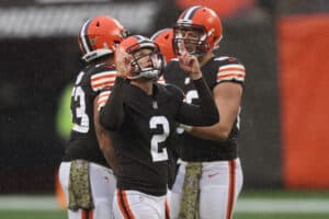 Cody Parkey #2 of the Cleveland Browns reacts after a field goal during the second half against the Philadelphia Eagles at FirstEnergy Stadium on November 22, 2020 in Cleveland, Ohio.