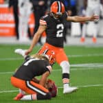 Cody Parkey #2 of the Cleveland Browns kicks an extra point against the Cincinnati Bengals during the first half at FirstEnergy Stadium on September 17, 2020 in Cleveland, Ohio.