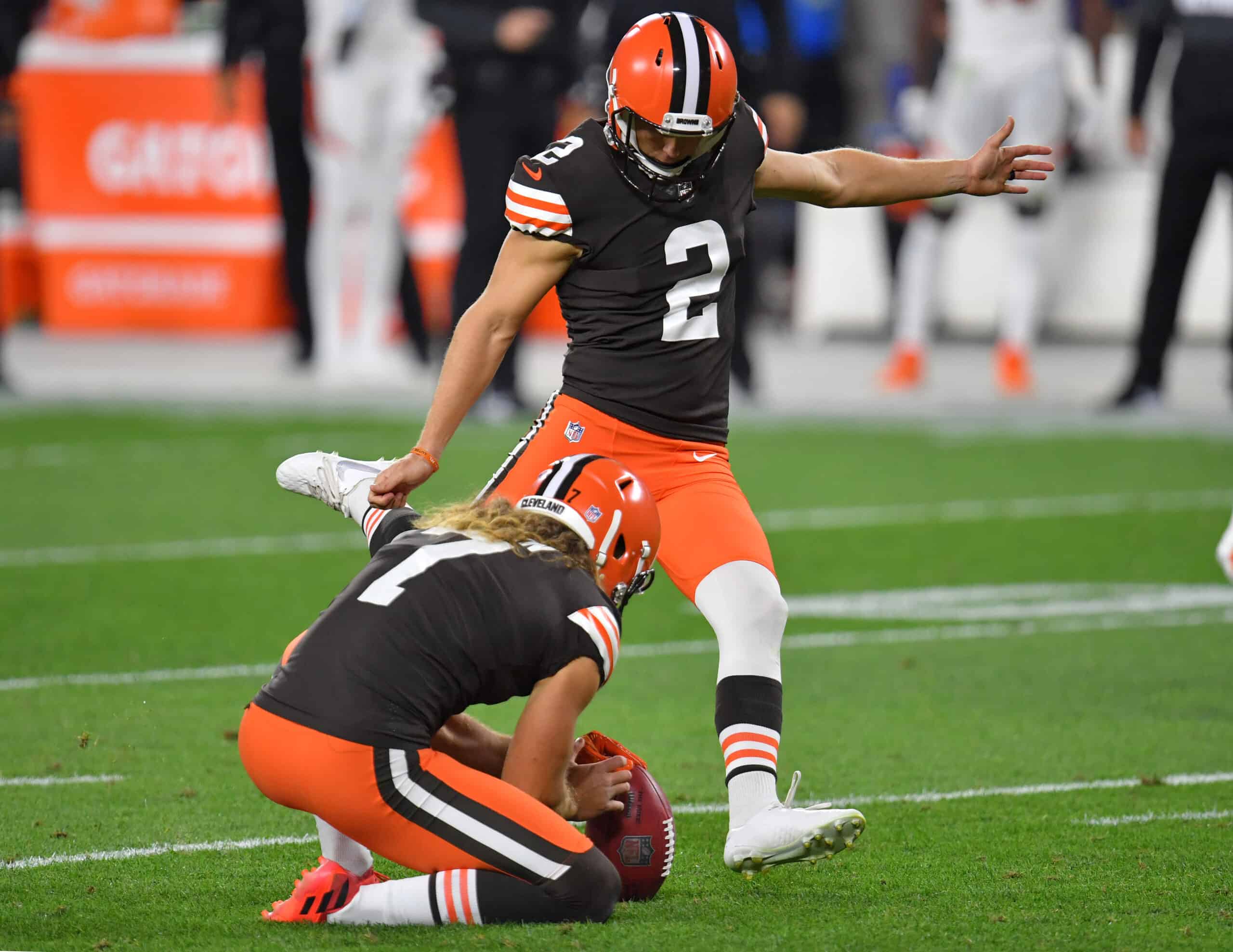 Cody Parkey #2 of the Cleveland Browns kicks an extra point against the Cincinnati Bengals during the first half at FirstEnergy Stadium on September 17, 2020 in Cleveland, Ohio.