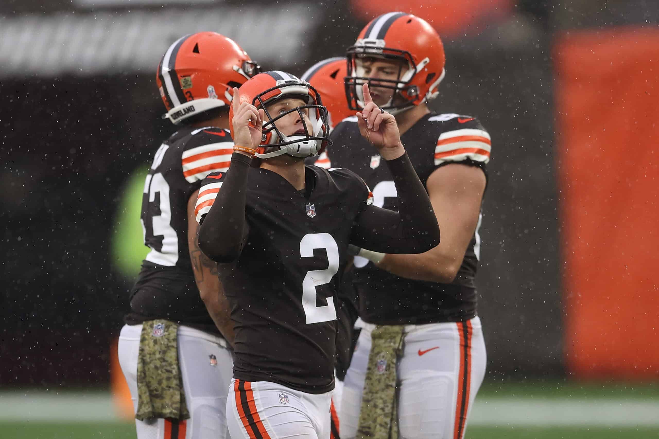 Cody Parkey #2 of the Cleveland Browns reacts after a field goal during the second half against the Philadelphia Eagles at FirstEnergy Stadium on November 22, 2020 in Cleveland, Ohio. 