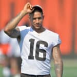 Wide receiver Derrick Willies #16 of the Cleveland Browns walks off the field after the first day of Cleveland Browns Training Camp on July 28, 2021 in Berea, Ohio.