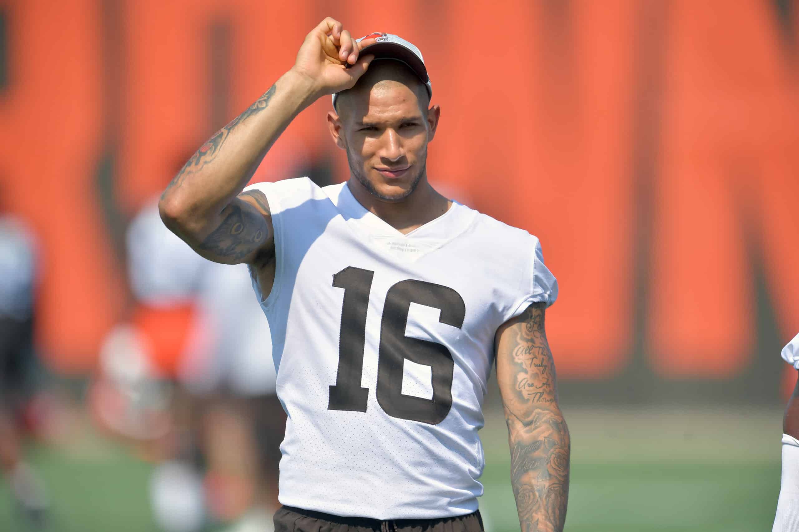 Wide receiver Derrick Willies #16 of the Cleveland Browns walks off the field after the first day of Cleveland Browns Training Camp on July 28, 2021 in Berea, Ohio. 