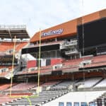 Field Goal Challenge - ONEPASS, allows fans to test their ability to kick a field goal through NFL uprights on field at FirstEnergy Stadium during the NFL Experience on April 28, 2021 in Cleveland, Ohio.