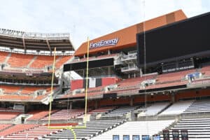 Field Goal Challenge - ONEPASS, allows fans to test their ability to kick a field goal through NFL uprights on field at FirstEnergy Stadium during the NFL Experience on April 28, 2021 in Cleveland, Ohio.