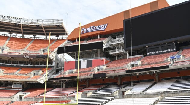 Field Goal Challenge - ONEPASS, allows fans to test their ability to kick a field goal through NFL uprights on field at FirstEnergy Stadium during the NFL Experience on April 28, 2021 in Cleveland, Ohio.