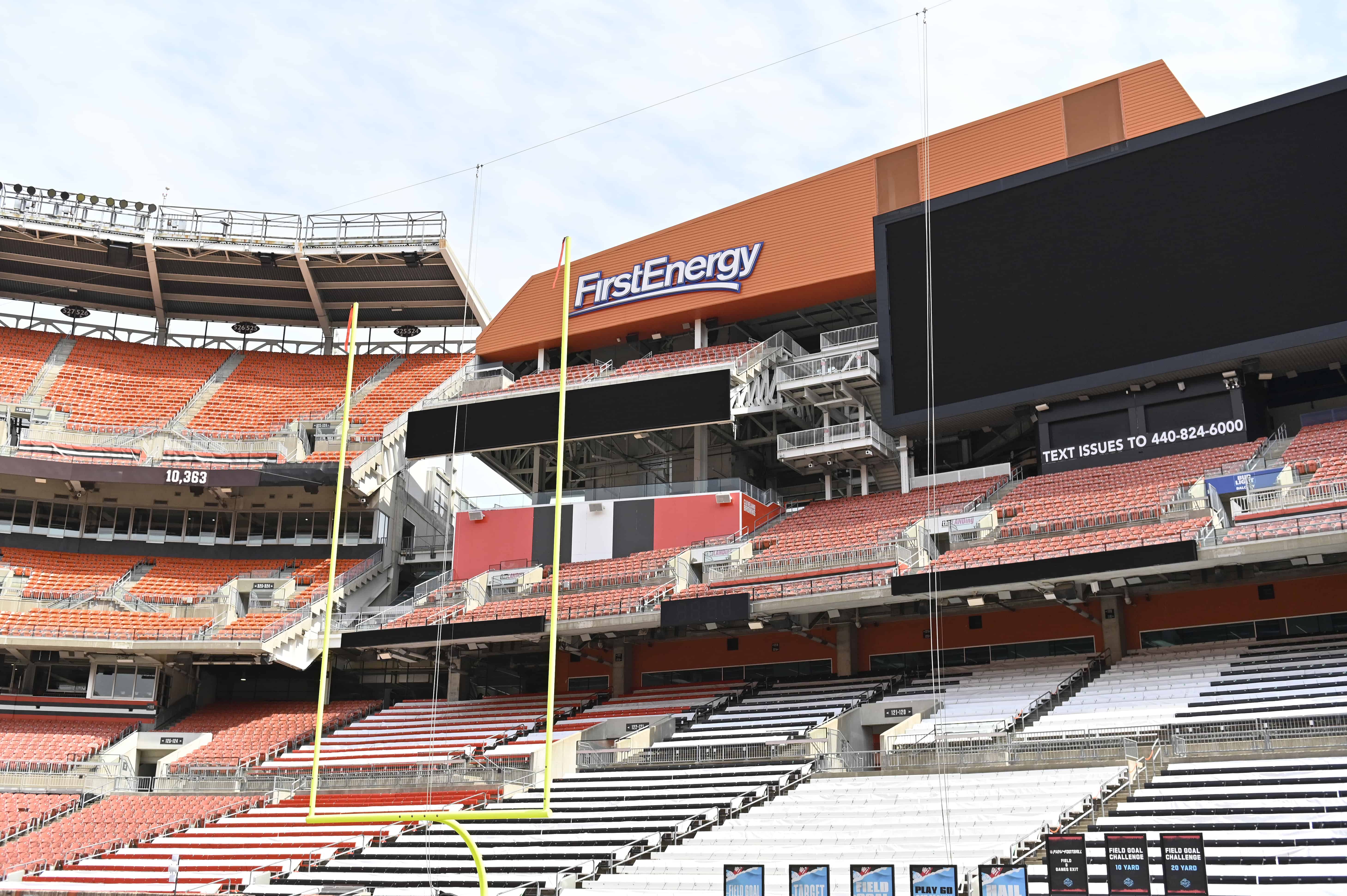 Field Goal Challenge - ONEPASS, allows fans to test their ability to kick a field goal through NFL uprights on field at FirstEnergy Stadium during the NFL Experience on April 28, 2021 in Cleveland, Ohio. 