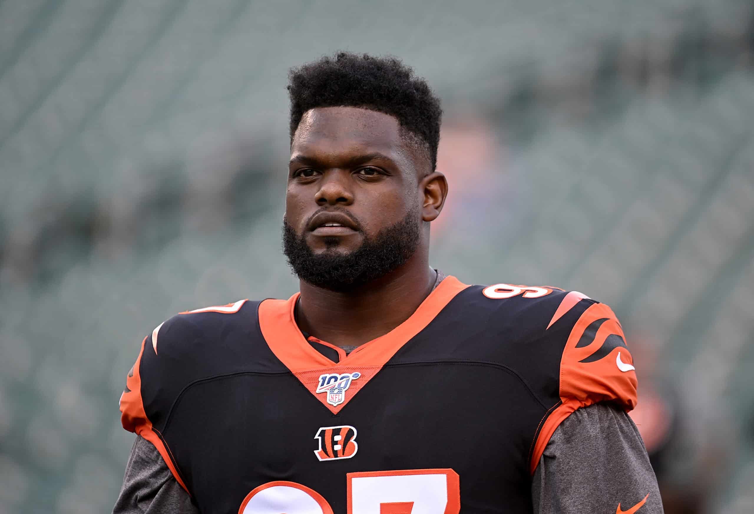 Geno Atkins #97 of the Cincinnati Bengals warms up before the start of the preseason game against the New York Giants at Paul Brown Stadium on August 22, 2019 in Cincinnati, Ohio.