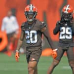 Cornerback Greg Newsome II #20 of the Cleveland Browns runs a drill during the first day of Cleveland Browns Training Camp on July 28, 2021 in Berea, Ohio.