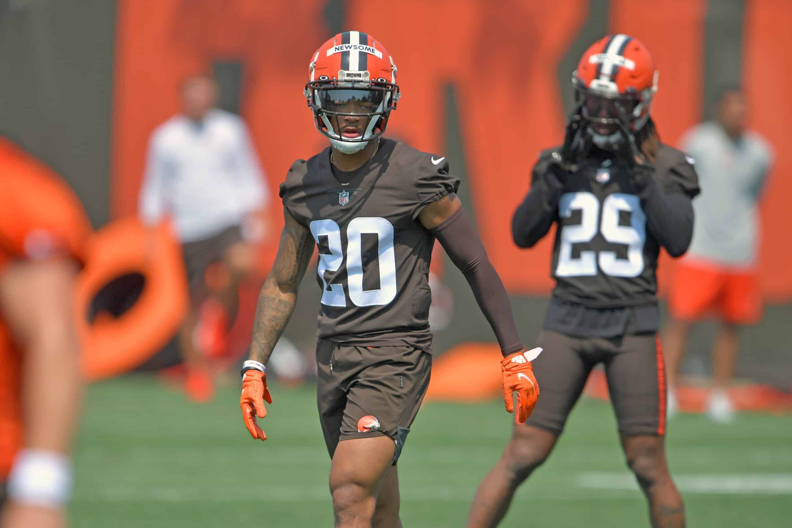 Cornerback Greg Newsome II #20 of the Cleveland Browns runs a drill during the first day of Cleveland Browns Training Camp on July 28, 2021 in Berea, Ohio. 