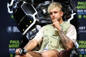 Jake Paul looks on during a press conference before his cruiserweight fight against Tyron Woodley at The Novo by Microsoft at L.A. Live on July 13, 2021 in Los Angeles, California.