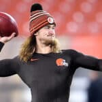 Punter Jamie Gillan #7 of the Cleveland Browns warms up before the game against the Pittsburgh Steelers at FirstEnergy Stadium on November 14, 2019 in Cleveland, Ohio.