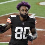 Jarvis Landry #80 of the Cleveland Browns waves as he comes off the field following a win against the Cincinnati Bengals at FirstEnergy Stadium on September 17, 2020 in Cleveland, Ohio.