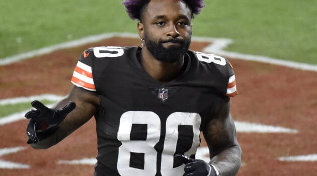 Jarvis Landry #80 of the Cleveland Browns waves as he comes off the field following a win against the Cincinnati Bengals at FirstEnergy Stadium on September 17, 2020 in Cleveland, Ohio.