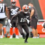 Wide receiver JoJo Natson #19 of the Cleveland Browns runs a play during training camp at the Browns training facility on August 29, 2020 in Berea, Ohio.
