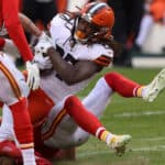 Running back Kareem Hunt #27 of the Cleveland Browns rushes for a touchdown in the third quarter of the AFC Divisional Playoff game against the Kansas City Chiefs at Arrowhead Stadium on January 17, 2021 in Kansas City, Missouri.