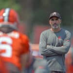 Head coach Kevin Stefanski of the Cleveland Browns watches his players runs a drill during the first day of Cleveland Browns Training Camp on July 28, 2021 in Berea, Ohio.