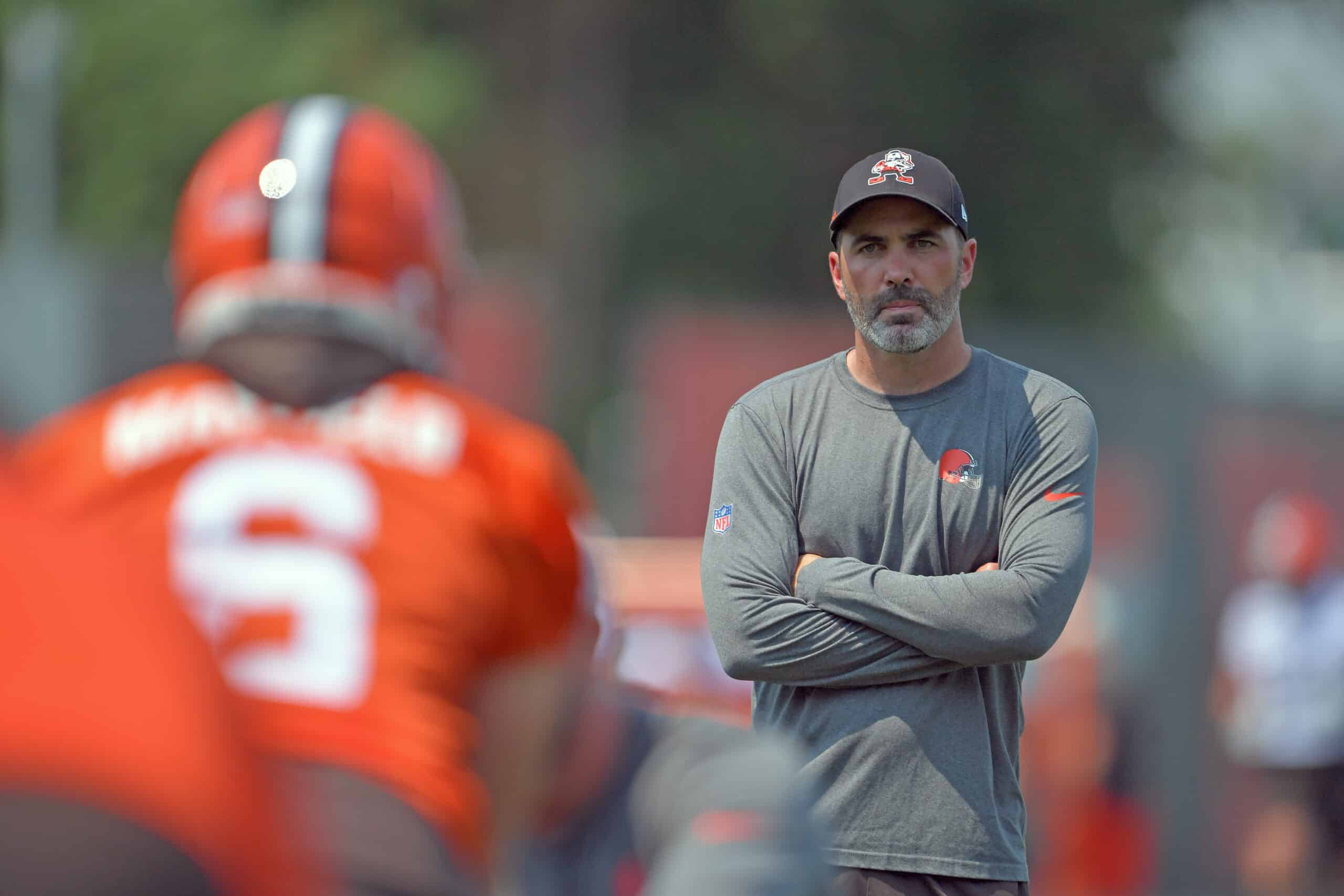 Head coach Kevin Stefanski of the Cleveland Browns watches his players runs a drill during the first day of Cleveland Browns Training Camp on July 28, 2021 in Berea, Ohio.