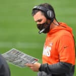 Head coach Kevin Stefanski of the Cleveland Browns looks on from the sidelines during their NFL game against the Pittsburgh Steelers at Heinz Field on October 18, 2020 in Pittsburgh, Pennsylvania.