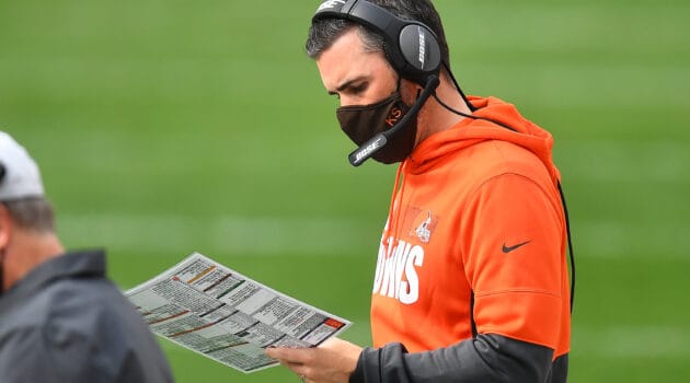 Head coach Kevin Stefanski of the Cleveland Browns looks on from the sidelines during their NFL game against the Pittsburgh Steelers at Heinz Field on October 18, 2020 in Pittsburgh, Pennsylvania.