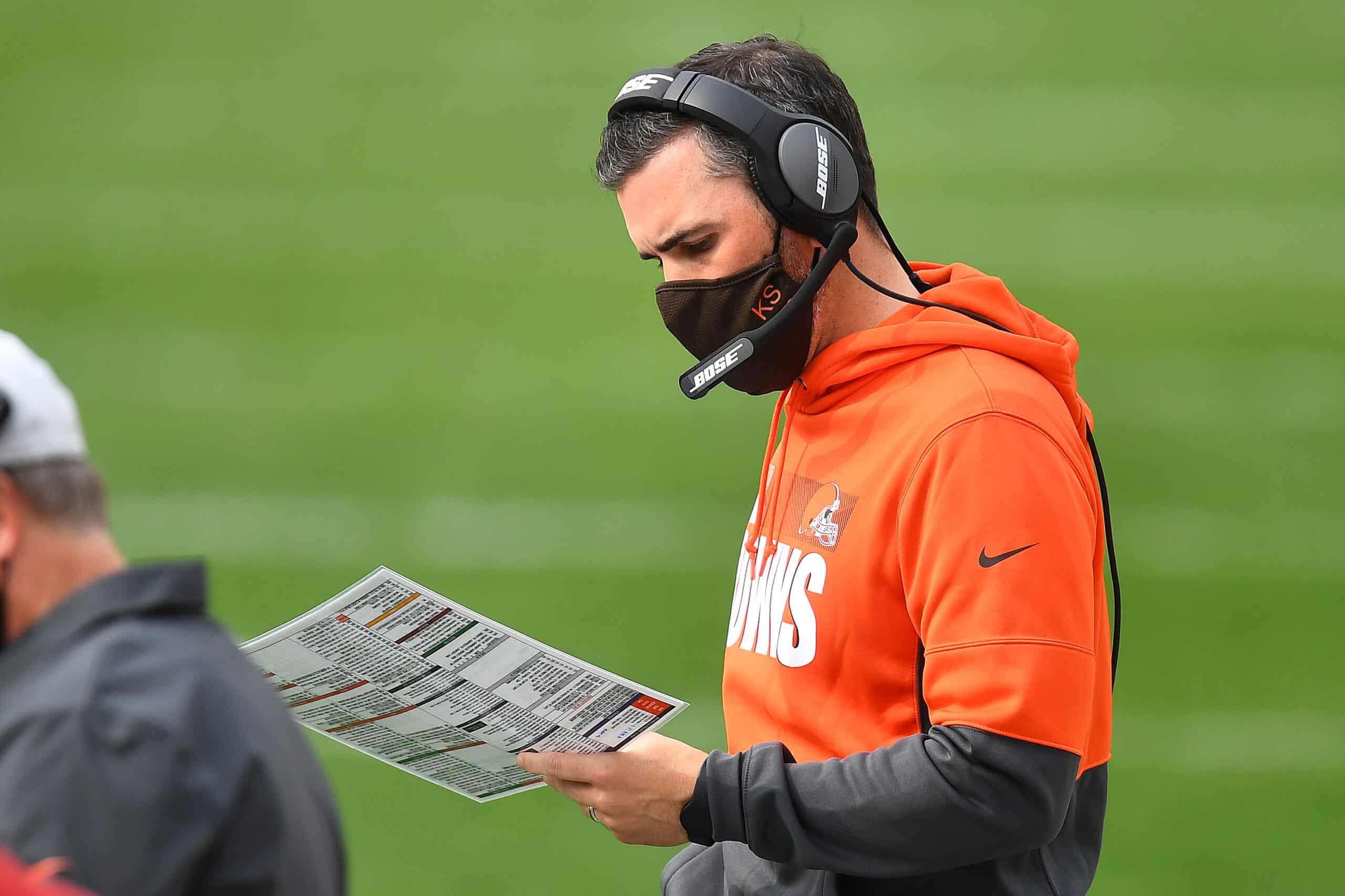 Head coach Kevin Stefanski of the Cleveland Browns looks on from the sidelines during their NFL game against the Pittsburgh Steelers at Heinz Field on October 18, 2020 in Pittsburgh, Pennsylvania.