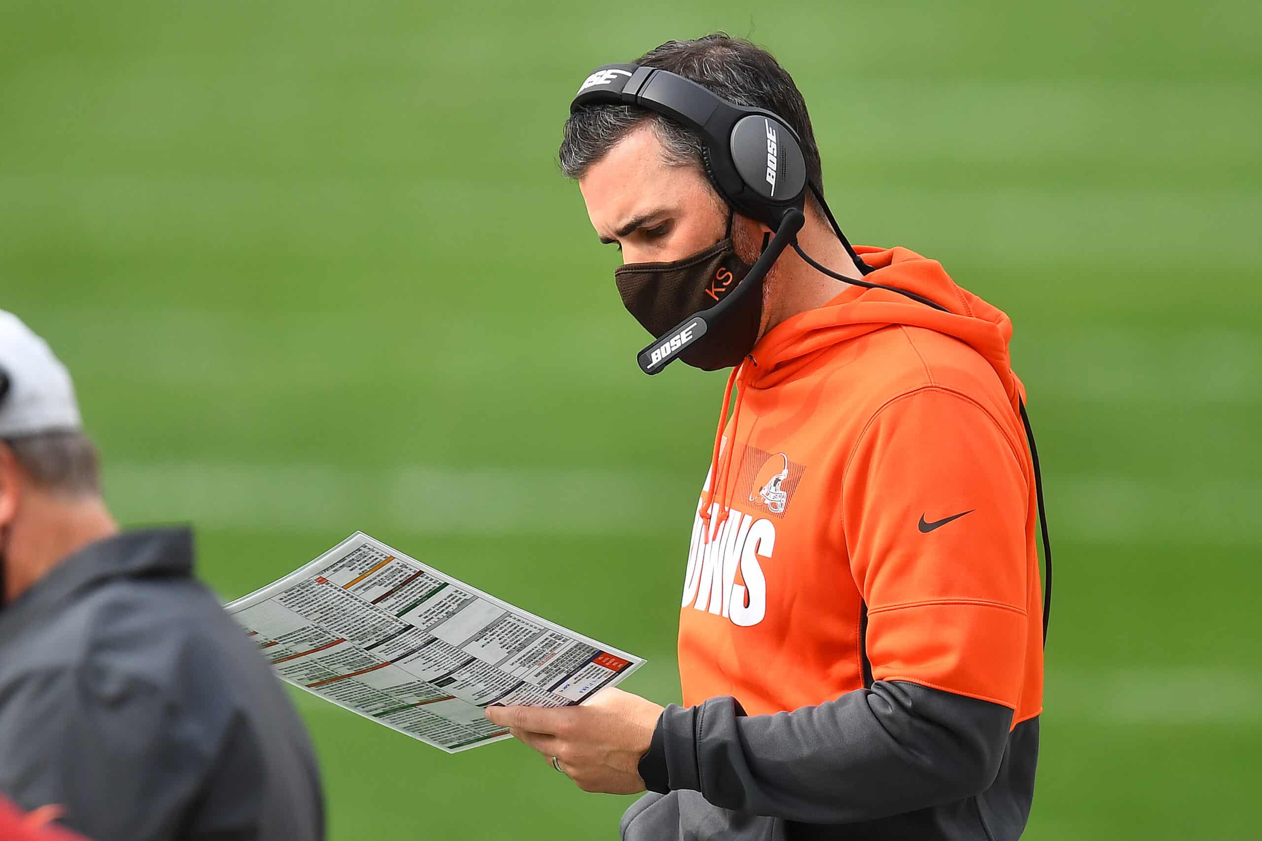 Head coach Kevin Stefanski of the Cleveland Browns looks on from the sidelines during their NFL game against the Pittsburgh Steelers at Heinz Field on October 18, 2020 in Pittsburgh, Pennsylvania. 