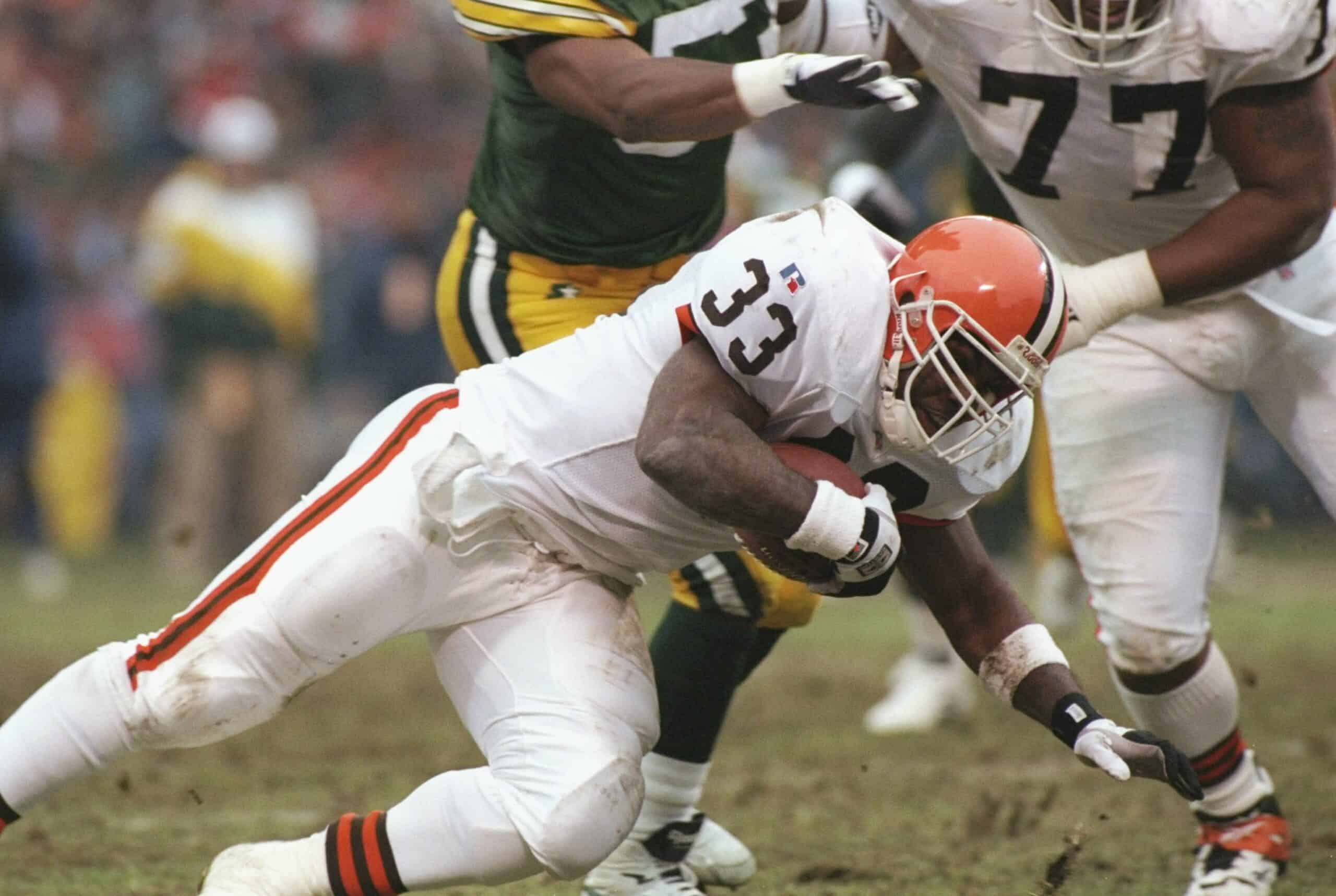 Running back Leroy Hoard of the Cleveland Browns moves the ball during a game against the Green Bay Packers at Cleveland Stadium in Cleveland, Ohio. The Packers won the game, 31-20.