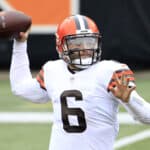 Baker Mayfield #6 of the Cleveland Browns attempts a pass against the Cincinnati Bengals during the second half at Paul Brown Stadium on October 25, 2020 in Cincinnati, Ohio.