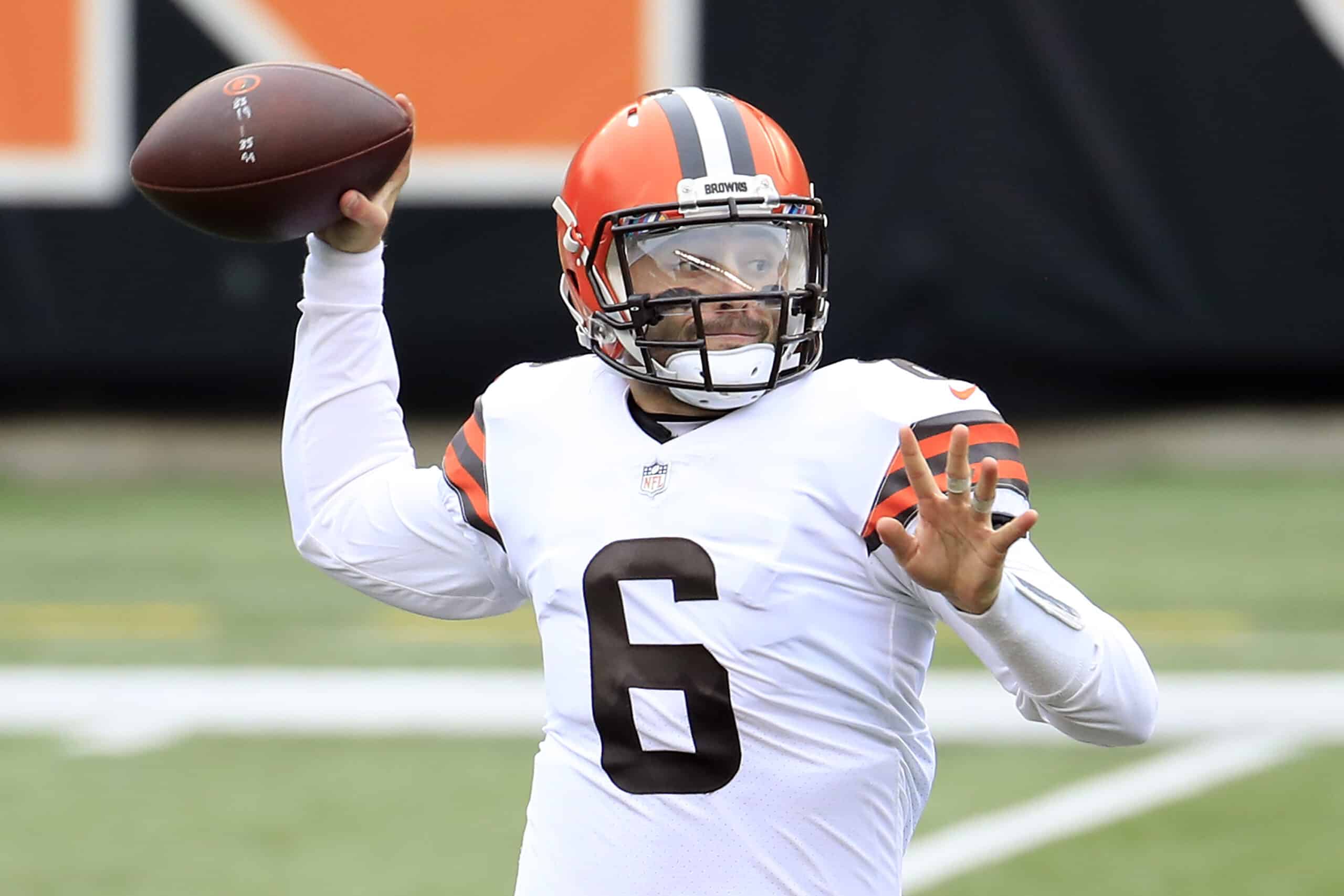 Baker Mayfield #6 of the Cleveland Browns attempts a pass against the Cincinnati Bengals during the second half at Paul Brown Stadium on October 25, 2020 in Cincinnati, Ohio. 