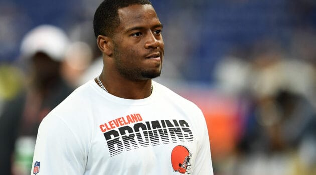 Nick Chubb #24 of the Cleveland Browns leaves the field prior to a game against the Indianapolis Colts at Lucas Oil Stadium on August 17, 2019 in Indianapolis, Indiana.
