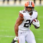 Nick Chubb #24 of the Cleveland Browns rushes in the second quarter against the Jacksonville Jaguars at TIAA Bank Field on November 29, 2020 in Jacksonville, Florida.