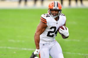 Nick Chubb #24 of the Cleveland Browns rushes in the second quarter against the Jacksonville Jaguars at TIAA Bank Field on November 29, 2020 in Jacksonville, Florida.