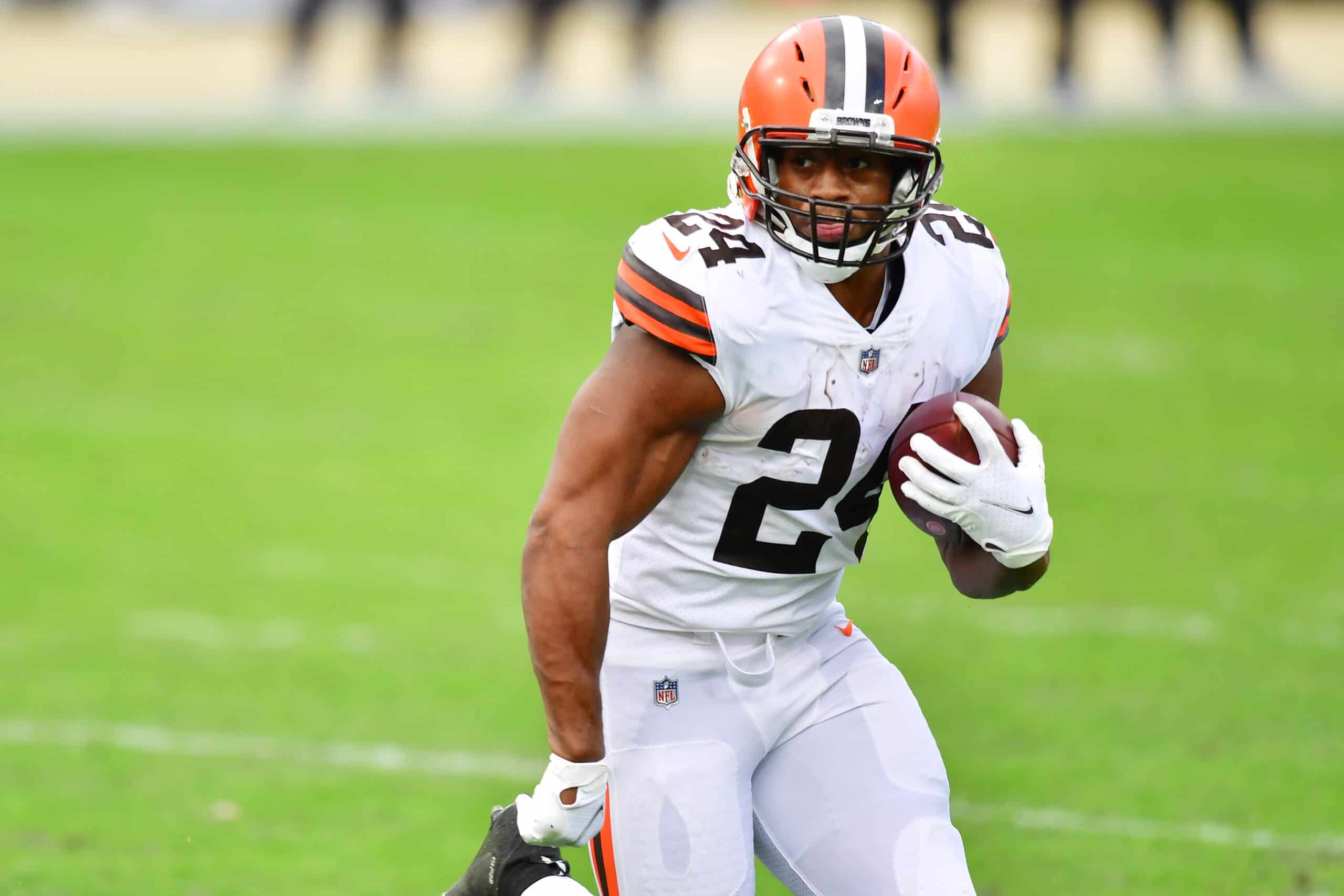 Nick Chubb #24 of the Cleveland Browns rushes in the second quarter against the Jacksonville Jaguars at TIAA Bank Field on November 29, 2020 in Jacksonville, Florida. 