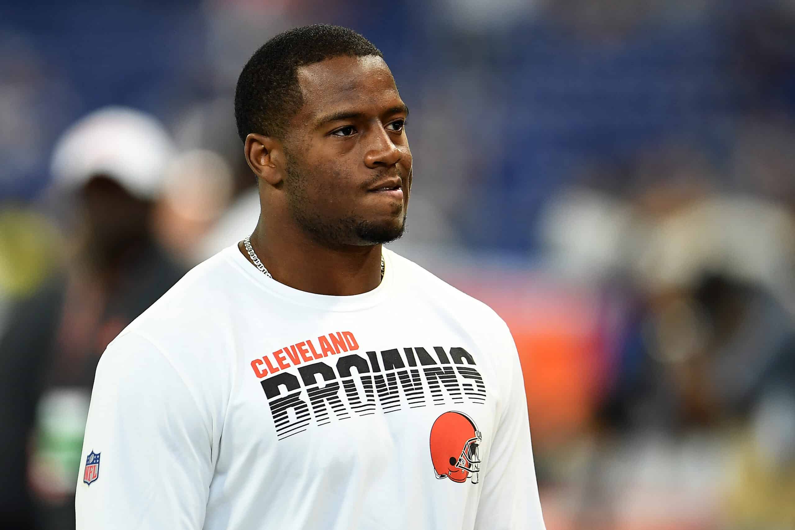 Nick Chubb #24 of the Cleveland Browns leaves the field prior to a game against the Indianapolis Colts at Lucas Oil Stadium on August 17, 2019 in Indianapolis, Indiana.