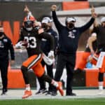Ronnie Harrison Jr. #33 of the Cleveland Browns runs with the ball after making an interception in the third quarter against the Indianapolis Colts at FirstEnergy Stadium on October 11, 2020 in Cleveland, Ohio.