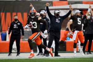 Ronnie Harrison Jr. #33 of the Cleveland Browns runs with the ball after making an interception in the third quarter against the Indianapolis Colts at FirstEnergy Stadium on October 11, 2020 in Cleveland, Ohio.