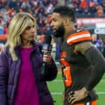 Cleveland Browns wide receiver Odell Beckham Jr. (13) is interviewed on the field following the National Football League game between the Buffalo Bills and Cleveland Browns on November 10, 2019, at FirstEnergy Stadium in Cleveland, OH.
