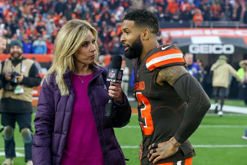 Cleveland Browns wide receiver Odell Beckham Jr. (13) is interviewed on the field following the National Football League game between the Buffalo Bills and Cleveland Browns on November 10, 2019, at FirstEnergy Stadium in Cleveland, OH.
