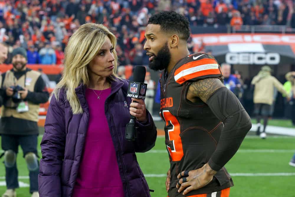 Cleveland Browns wide receiver Odell Beckham Jr. (13) is interviewed on the field following the National Football League game between the Buffalo Bills and Cleveland Browns on November 10, 2019, at FirstEnergy Stadium in Cleveland, OH. 