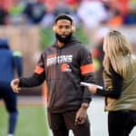 Odell Beckham #13 of the Cleveland Browns talks with a reporter prior to the game against the Seattle Seahawks at FirstEnergy Stadium on October 13, 2019 in Cleveland, Ohio.